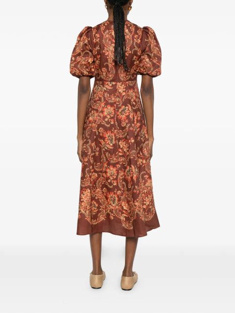 ALEMAIS Seraphina puff-sleeve floral midi dress - Brown