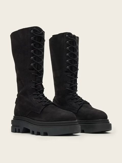 AllSaints botki nubukowe Jay Boot damskie kolor czarny na płaskim obcasie W062FD