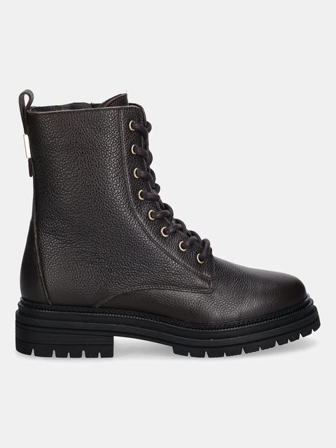 Tommy Hilfiger workery skórzane TH PLAQUE PEBBLE LACE BOOT damskie kolor brązowy na platformie lekko ocieplone FW0FW08767