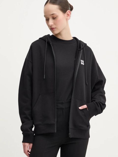 HUGO bluza bawełniana damska kolor czarny z kapturem gładka 50535240 - zdjęcie produktu nr 1