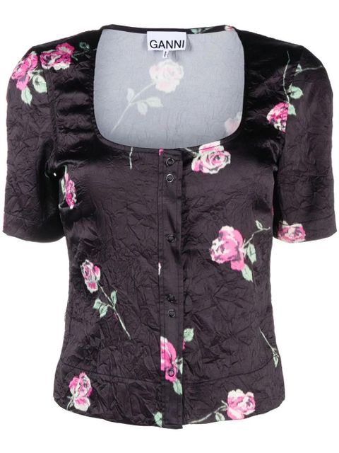 GANNI floral-print crinkled satin blouse - Black - zdjęcie produktu nr 1