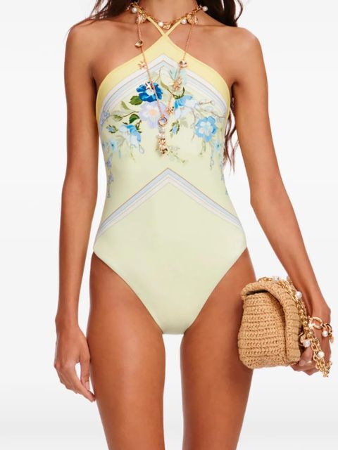 Self-Portrait floral-print halterneck swimsuit - Yellow