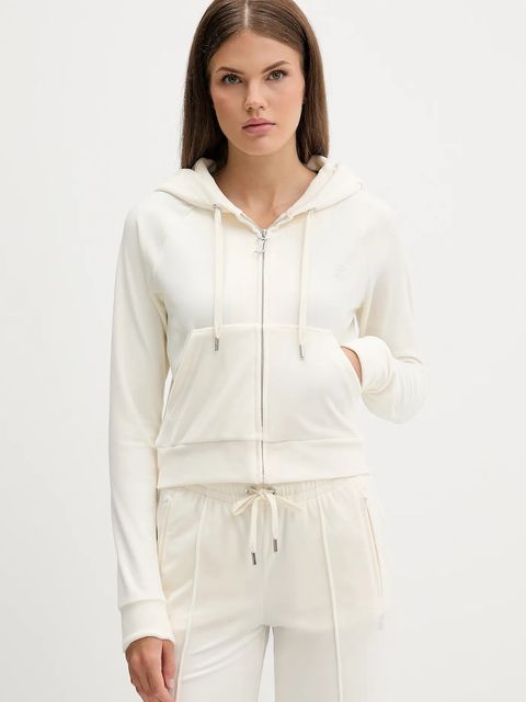 Juicy Couture bluza welurowa damska kolor beżowy z kapturem gładka JCWAS225306 - zdjęcie produktu nr 1
