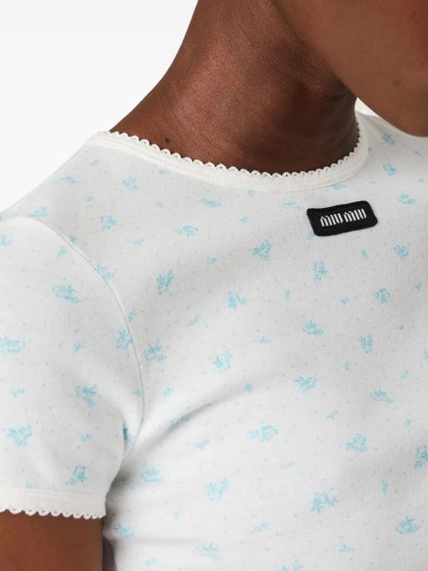 Miu Miu floral-pattern logo-patch T-shirt - White