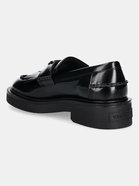 Tommy Jeans mokasyny skórzane TJW FRINGES LOAFER damskie kolor czarny na płaskim obcasie EN0EN02790