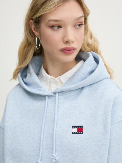 Tommy Jeans bluza bawełniana damska kolor niebieski z kapturem z aplikacją DW0DW19414