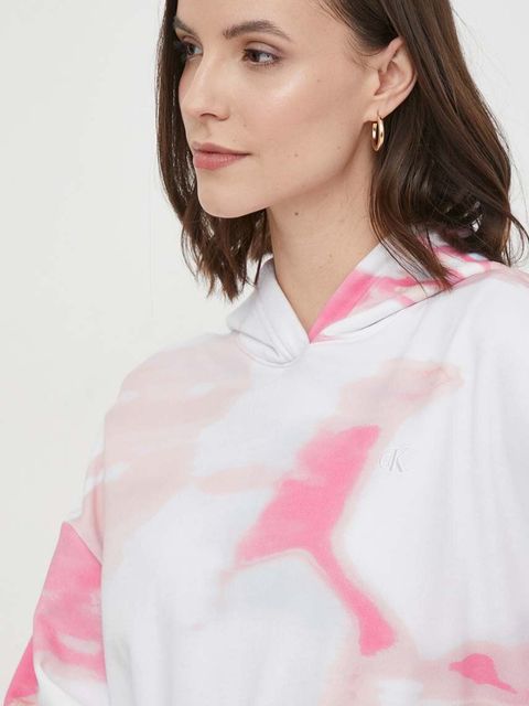 Calvin Klein Jeans bluza bawełniana damska kolor biały z kapturem wzorzysta