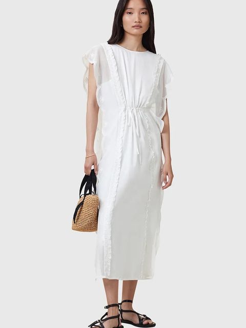 AllSaints sukienka bawełniana OLA kolor biały midi prosta W197DC - zdjęcie produktu nr 1