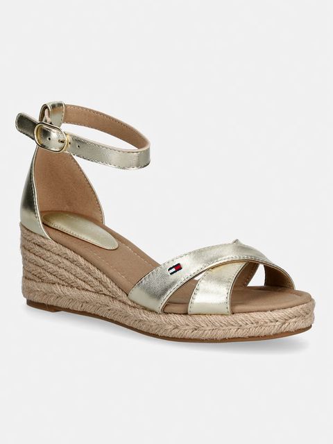 Tommy Hilfiger sandały na koturnie skórzane MID WEDGE ESPAD X CROSS GOLD - zdjęcie produktu nr 1