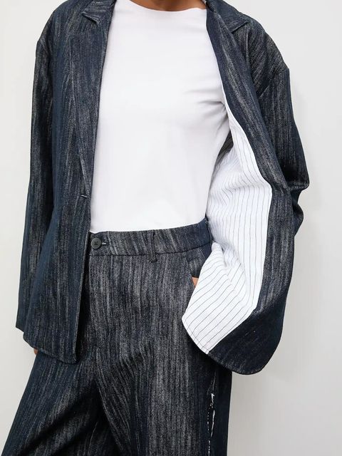 Answear.LAB marynarka jeansowa kolor granatowy jednorzędowa gładka