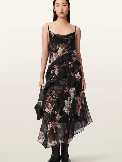 AllSaints sukienka asymetryczna z dodatkiem jedwabiu RUTH - zdjęcie produktu nr 1