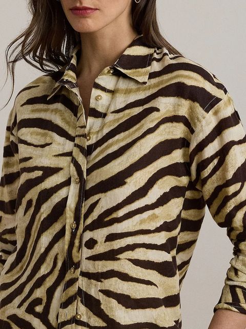 Lauren Ralph Lauren koszula lniana damska kolor beżowy regular z kołnierzykiem klasycznym 200970776