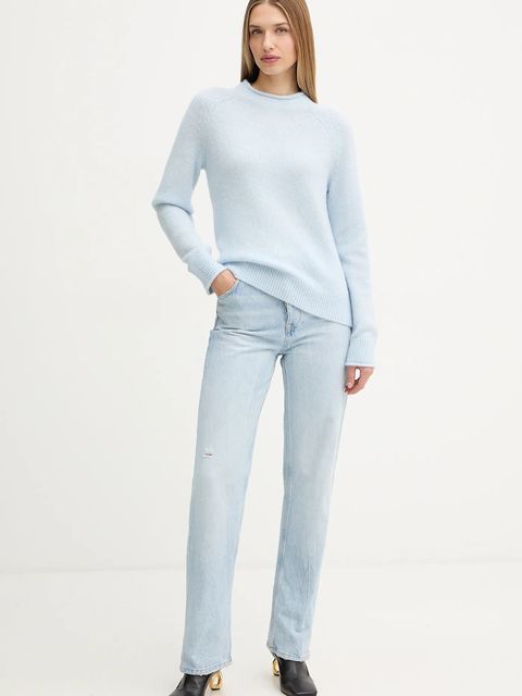 BOSS Orange sweter z dodatkiem wełny damski kolor niebieski lekki z półgolfem 50548930