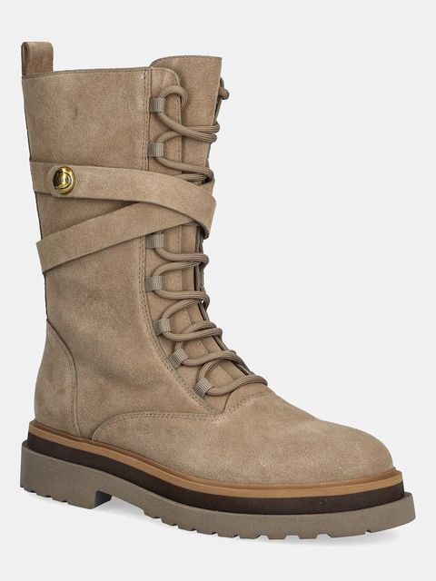 Twinset botki zamszowe damskie kolor beżowy na płaskim obcasie 252TGT050 - zdjęcie produktu nr 1