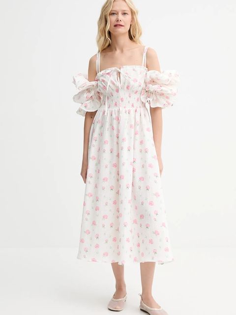 The Sleeper sukienka lniana kolor beżowy maxi rozkloszowana ALDR01F020N