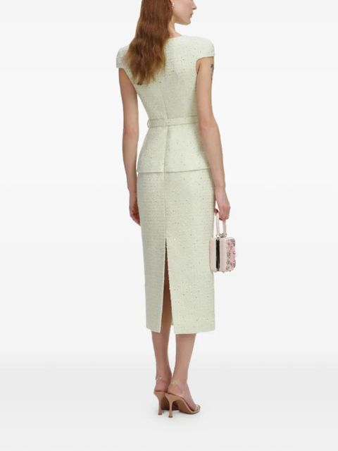 Self-Portrait button belted boucle midi dress - Green