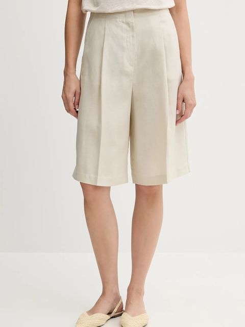 United Colors of Benetton szorty z domieszką lnu damskie kolor beżowy gładkie high waist 45BVD9026 - zdjęcie produktu nr 1