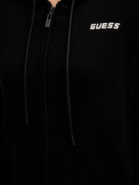 Guess bluza z domieszką wełny FLAMINIA kolor czarny z kapturem gładka V5BR05 Z3JD2