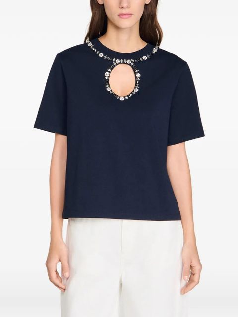SANDRO strass openwork T-shirt - Blue