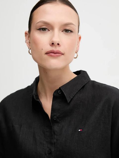 Tommy Hilfiger koszula lniana damska kolor czarny relaxed z kołnierzykiem klasycznym WW0WW46169