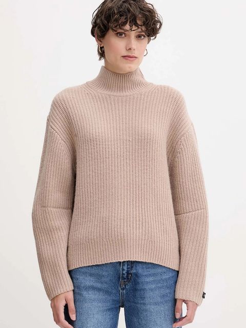 Calvin Klein Jeans sweter z dodatkiem wełny damski kolor brązowy z półgolfem LV044D329G - zdjęcie produktu nr 1