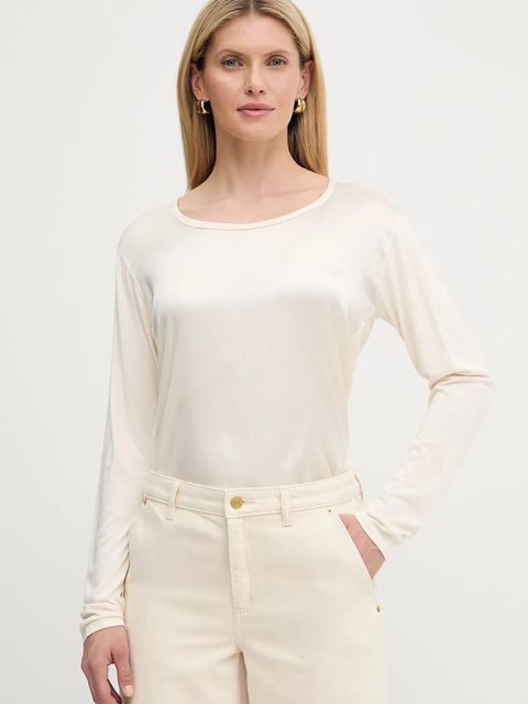 BOSS Green bluzka z domieszką jedwabiu damska kolor beżowy gładka 50541888 - zdjęcie produktu nr 1