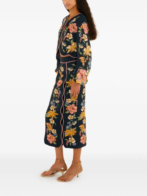 FARM Rio floral-embroidered midi skirt - Blue