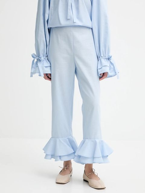 The Sleeper spodnie lniane damskie kolor niebieski proste high waist CHPT06P010N - zdjęcie produktu nr 1