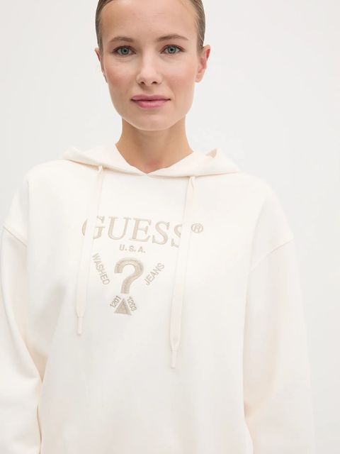 Guess bluza ROBERTA damska kolor beżowy z kapturem z aplikacją V5RQ11 KC3D2