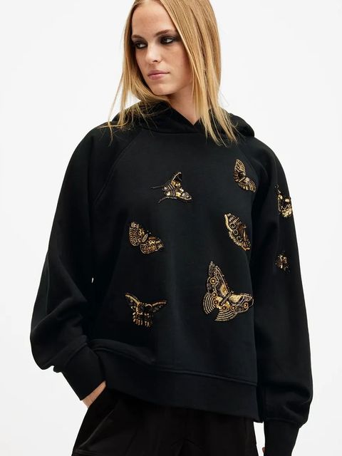 AllSaints bluza bawełniana TALON DIANA damska kolor czarny z kapturem z aplikacją W132JB