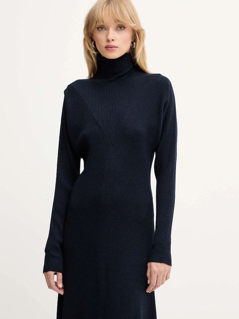 BOSS sukienka wełniana kolor granatowy maxi rozkloszowana 50548520