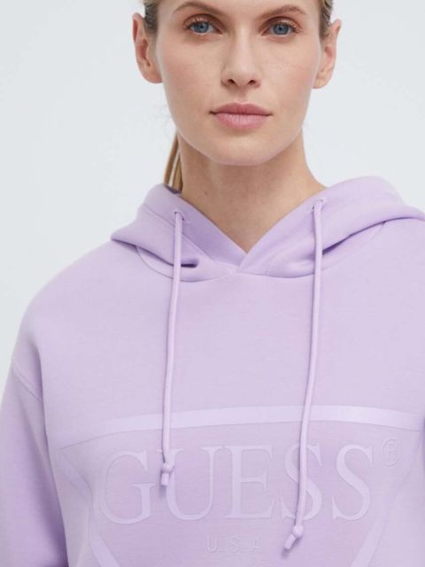 Guess bluza NEW ALISA damska kolor fioletowy z kapturem z nadrukiem V2YQ08 K7UW2