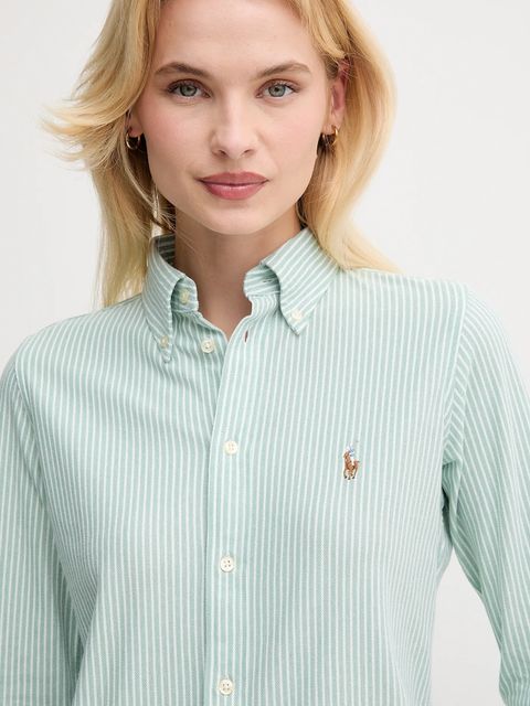 Polo Ralph Lauren koszula bawełniana damska kolor zielony slim z kołnierzykiem klasycznym 211910131