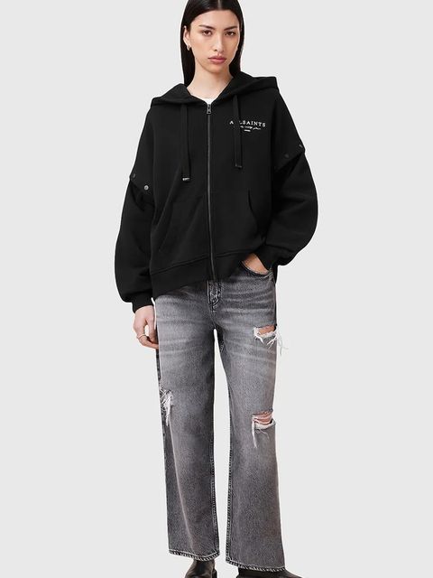 AllSaints bluza bawełniana AROMA damska kolor czarny z kapturem z nadrukiem W134JC