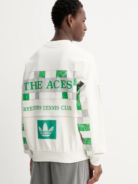 adidas Originals bluza bawełniana Court Crew damska kolor biały z kapturem wzorzysta JW0149