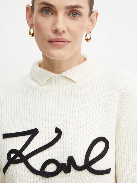 Karl Lagerfeld sweter wełniany damski kolor beżowy ciepły z półgolfem 246W2000