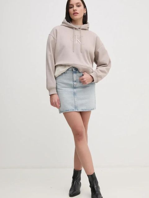 Calvin Klein Jeans bluza damska kolor beżowy z kapturem z aplikacją J20J224718