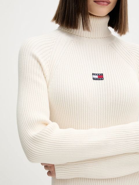 Tommy Jeans sukienka bawełniana kolor beżowy midi dopasowana DW0DW22167