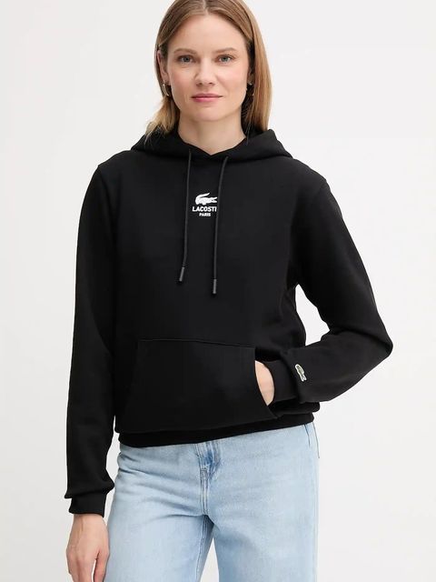 Lacoste bluza bawełniana kolor czarny z kapturem z nadrukiem SH2740