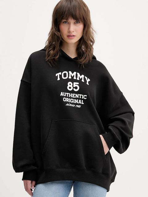 Tommy Jeans bluza bawełniana damska kolor czarny z kapturem z nadrukiem DW0DW22603 - zdjęcie produktu nr 1