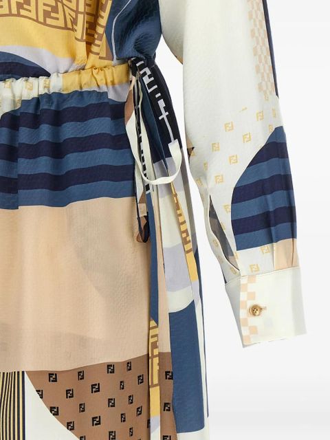 FENDI geometric-print silk belted dress - Blue