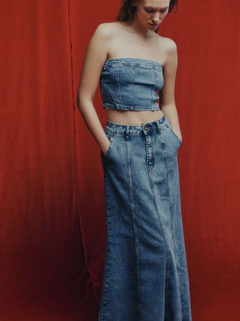 Answear.LAB spódnica jeansowa kolor niebieski maxi rozkloszowana