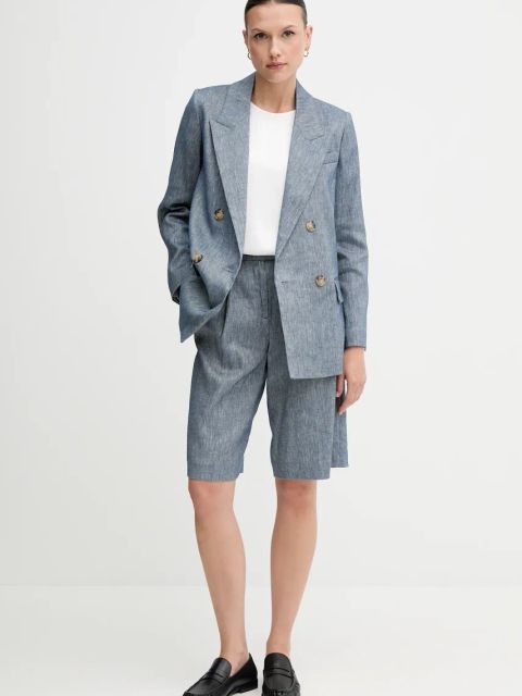 Sisley szorty lniane kolor niebieski melanżowe high waist 4MNUL901J