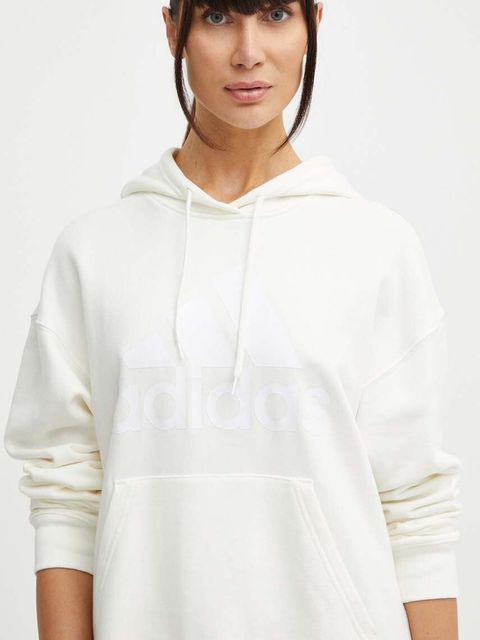 adidas bluza bawełniana damska kolor beżowy z kapturem z nadrukiem IR5449
