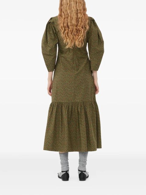 GANNI puff-sleeve floral-print midi dress - Green