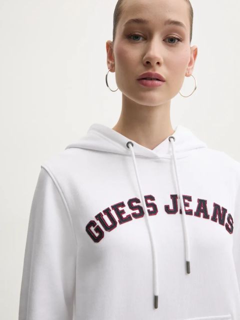 Guess Jeans bluza bawełniana damska kolor biały z kapturem z aplikacją W5RQ17 K68I4