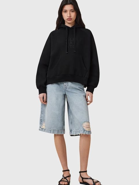 AllSaints bluza STACKS damska kolor czarny z kapturem z aplikacją W131JC