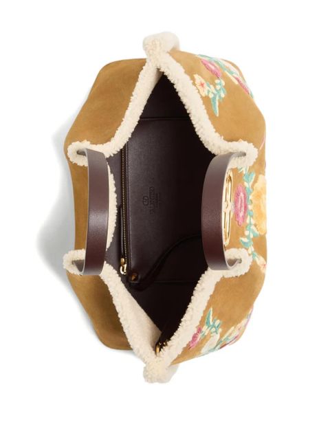 Valentino Garavani medium VLogo-signature floral-embroidered suede tote bag - Neutrals