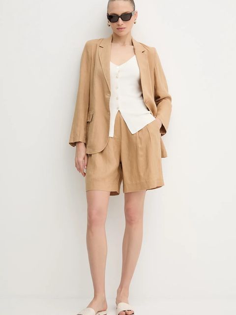 United Colors of Benetton szorty lniane kolor beżowy gładkie high waist 4AGHD901V - zdjęcie produktu nr 2