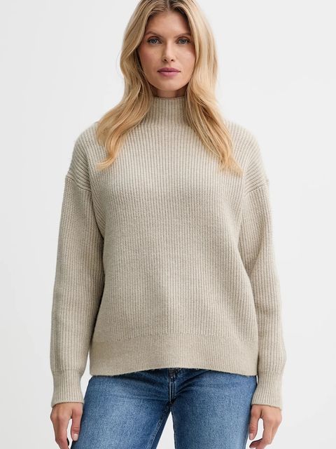 Calvin Klein sweter z domieszką wełny damski kolor beżowy z półgolfem LV044D365G - zdjęcie produktu nr 1